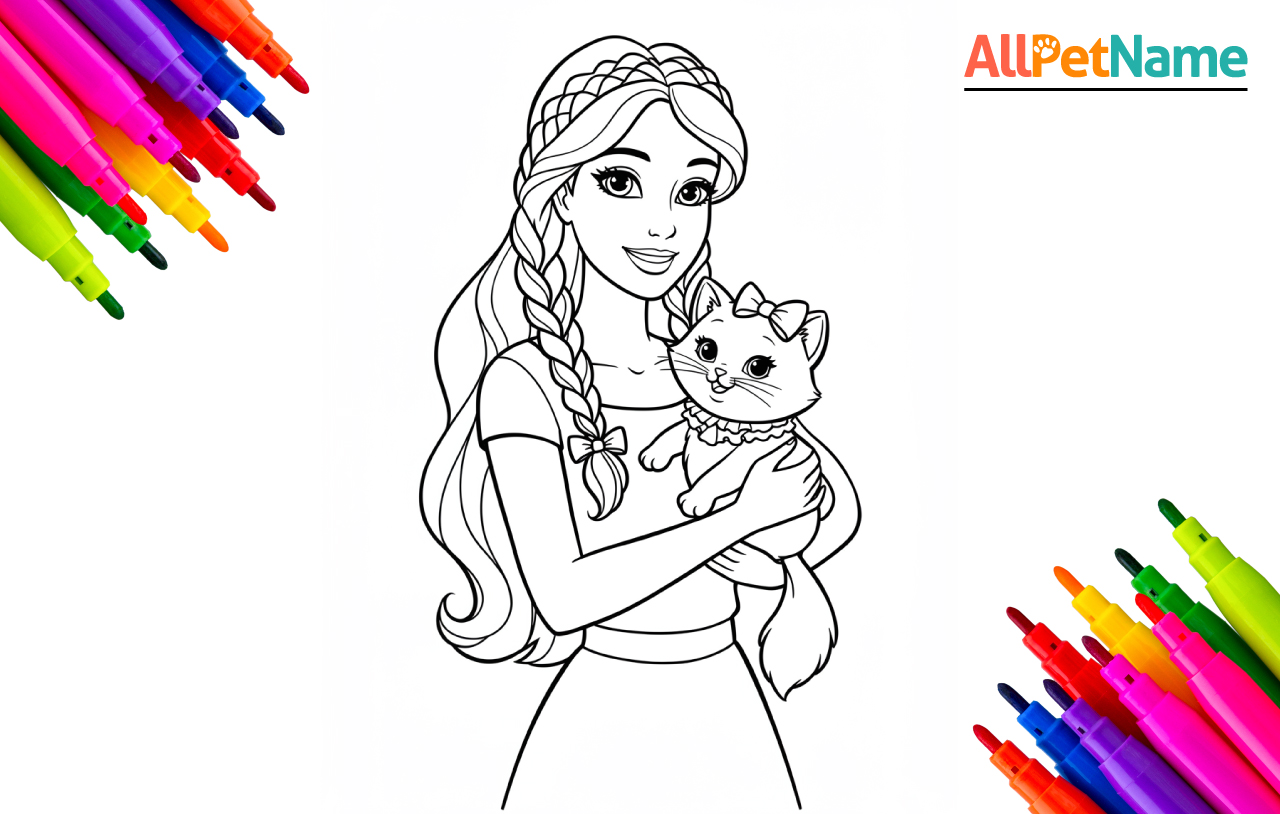 Barbie with cat-Coloring-Pages